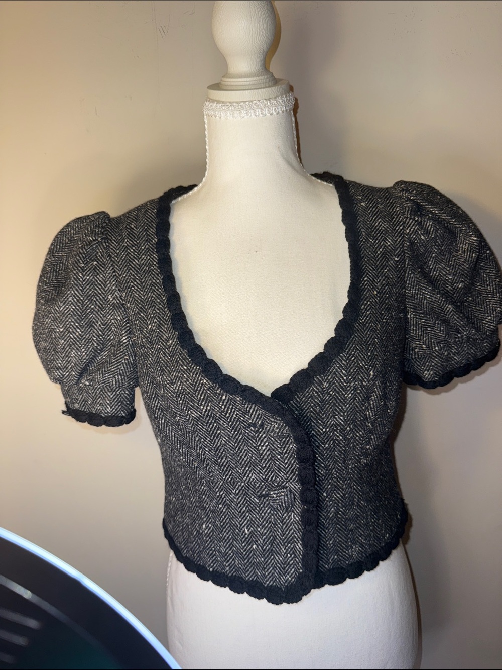 Trina Turk Black & White Herringbone Cropped Puff Sleeve Jacket